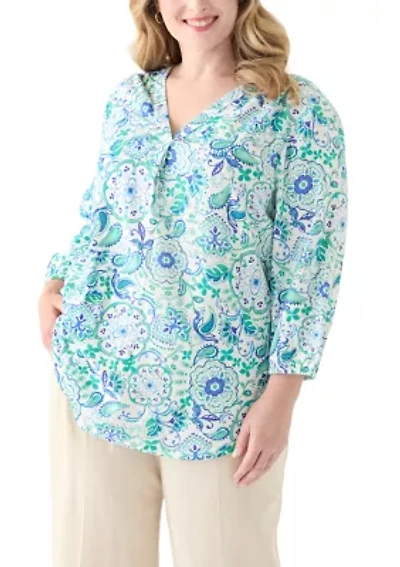Plus 3/4 Sleeve Linen V-Neck Tunic Top