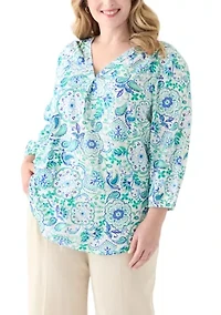 Plus 3/4 Sleeve Linen V-Neck Tunic Top