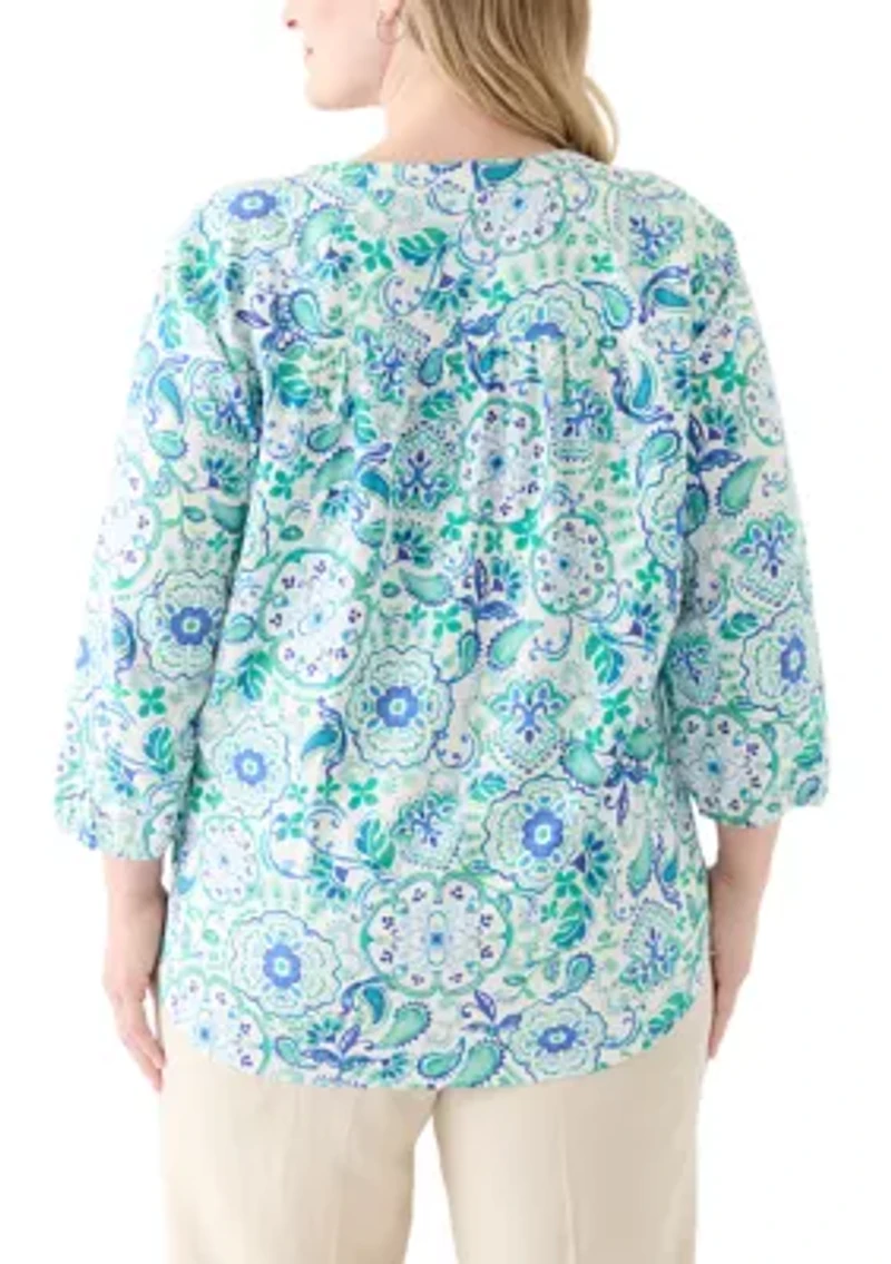 Plus 3/4 Sleeve Linen V-Neck Tunic Top