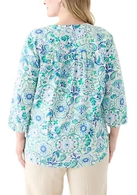 Plus 3/4 Sleeve Linen V-Neck Tunic Top