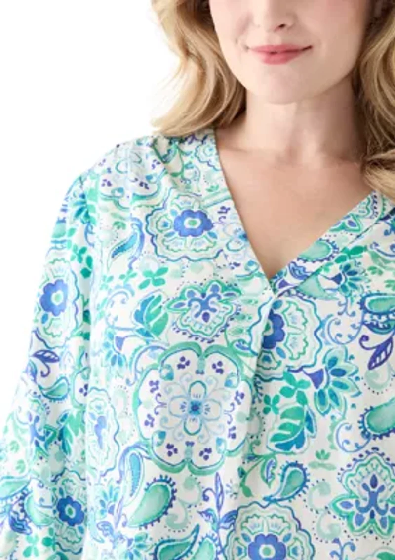 Plus 3/4 Sleeve Linen V-Neck Tunic Top