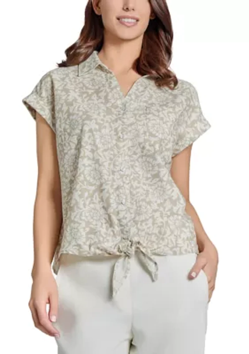 Petite Cap Sleeve Button Front Tie Blouse