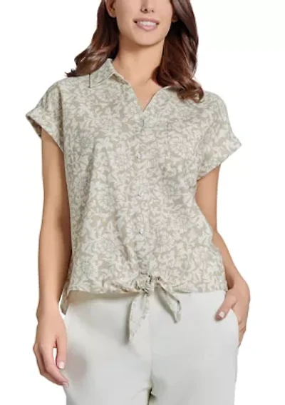 Petite Cap Sleeve Button Front Tie Blouse