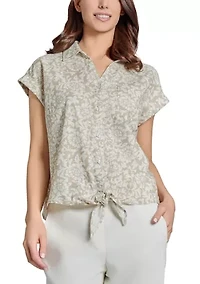 Petite Cap Sleeve Button Front Tie Blouse
