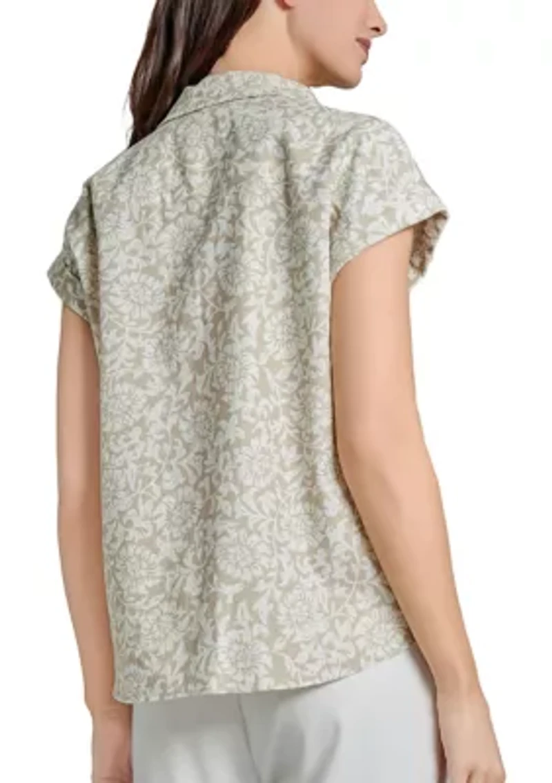 Petite Cap Sleeve Button Front Tie Blouse