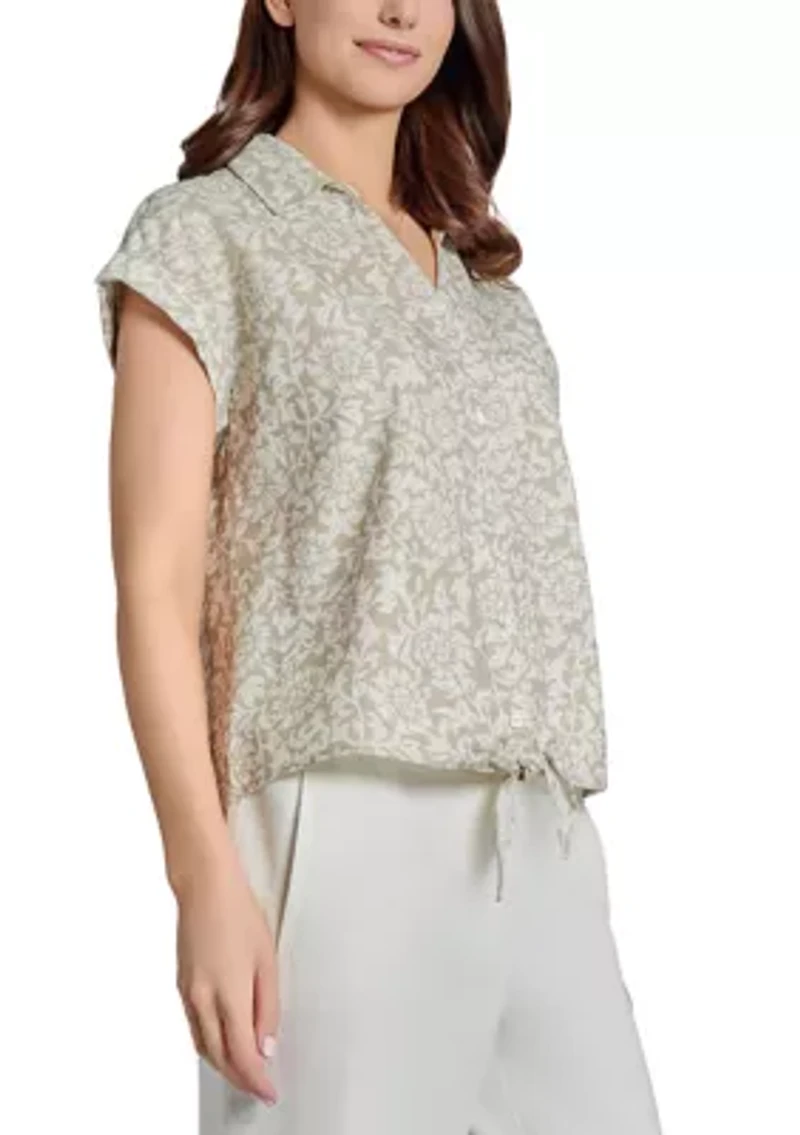 Petite Cap Sleeve Button Front Tie Blouse