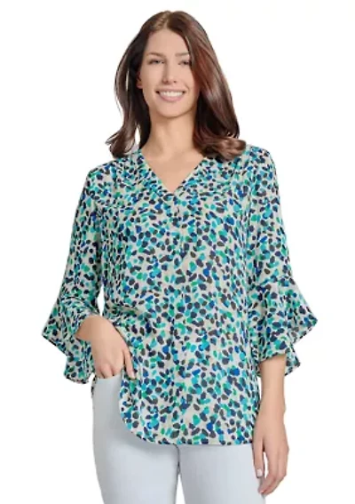 Women's V-Neck Pleated Front Tunic with Flare Sleeves