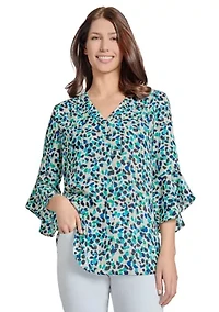 Women's V-Neck Pleated Front Tunic with Flare Sleeves