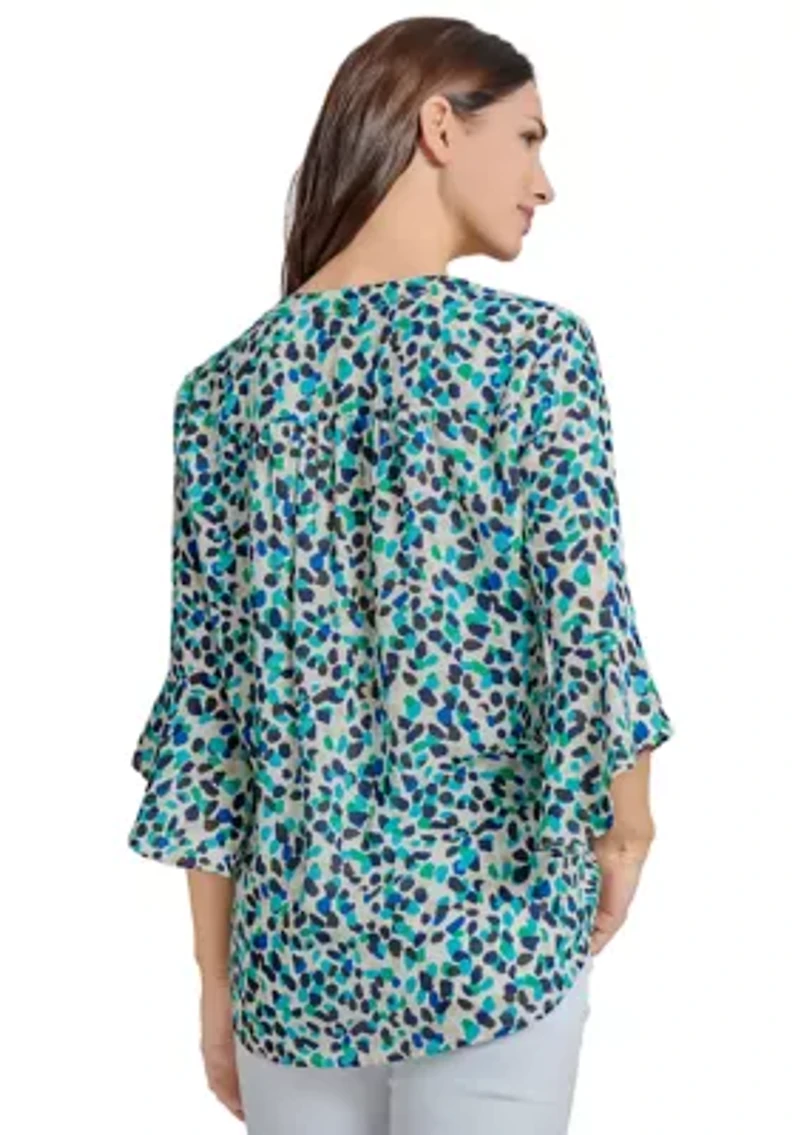 Women's V-Neck Pleated Front Tunic with Flare Sleeves