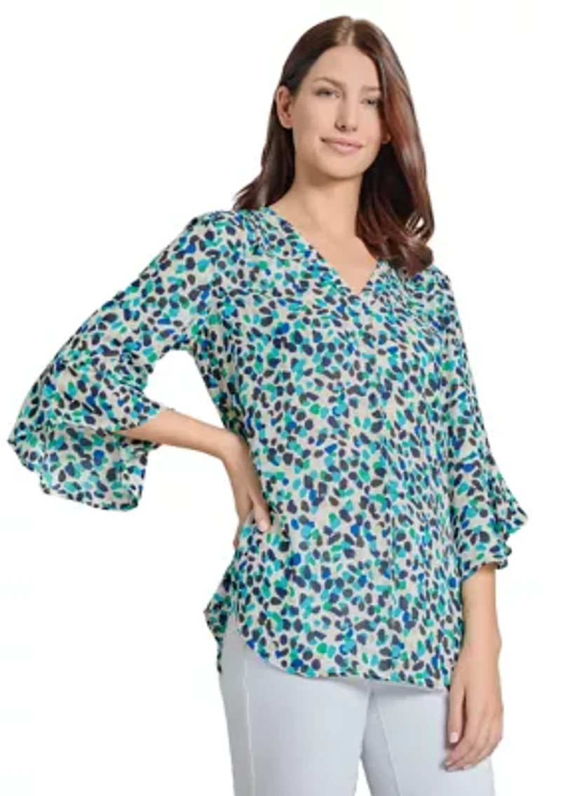 Women's V-Neck Pleated Front Tunic with Flare Sleeves