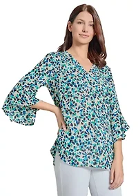 Women's V-Neck Pleated Front Tunic with Flare Sleeves