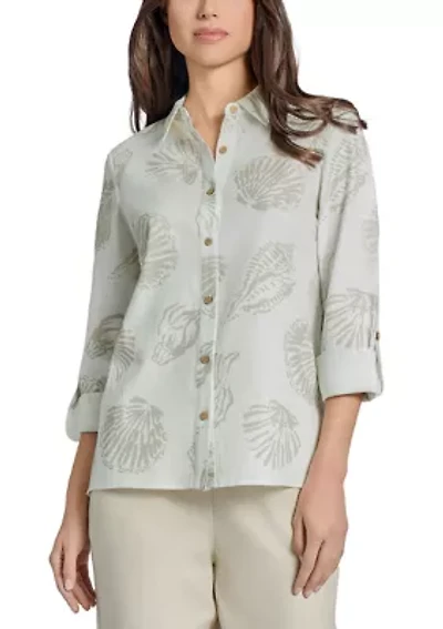 Petite Button Front Long Sleeve Blouse with Side Slits