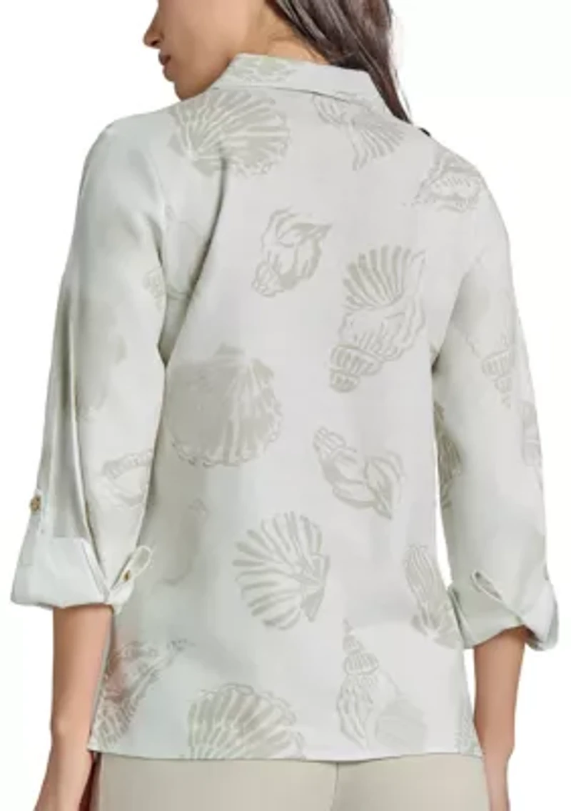 Petite Button Front Long Sleeve Blouse with Side Slits