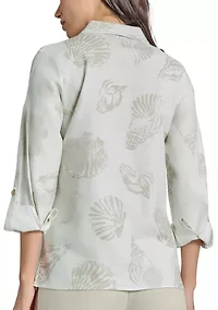 Petite Button Front Long Sleeve Blouse with Side Slits