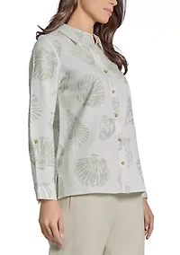 Petite Button Front Long Sleeve Blouse with Side Slits