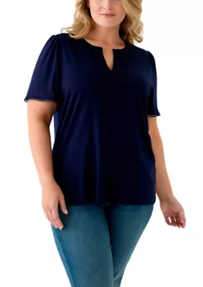 Plus Short Flutter Sleeve Split Neck Trim Top