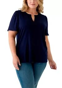 Plus Short Flutter Sleeve Split Neck Trim Top