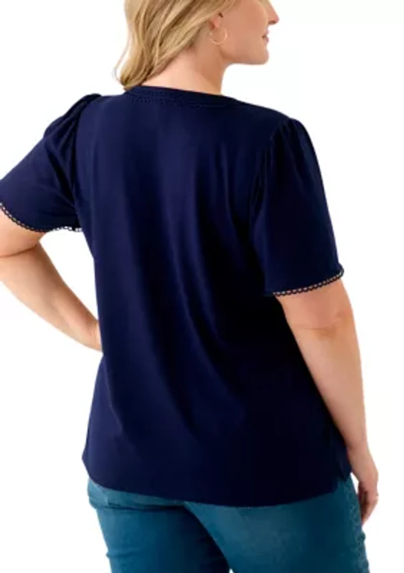 Plus Short Flutter Sleeve Split Neck Trim Top