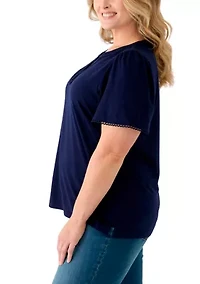 Plus Short Flutter Sleeve Split Neck Trim Top