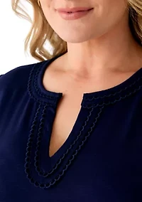 Plus Short Flutter Sleeve Split Neck Trim Top