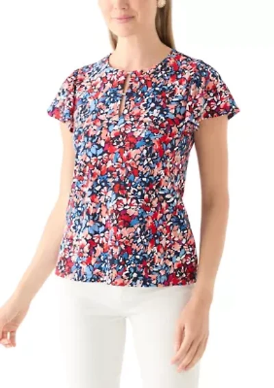 Petite Printed Flutter Sleeve Double Trim Top