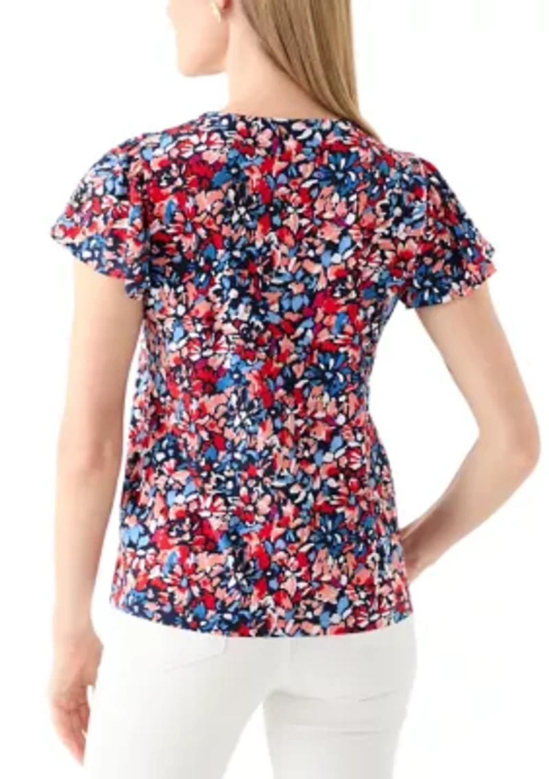 Petite Printed Flutter Sleeve Double Trim Top