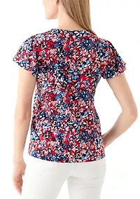 Petite Printed Flutter Sleeve Double Trim Top