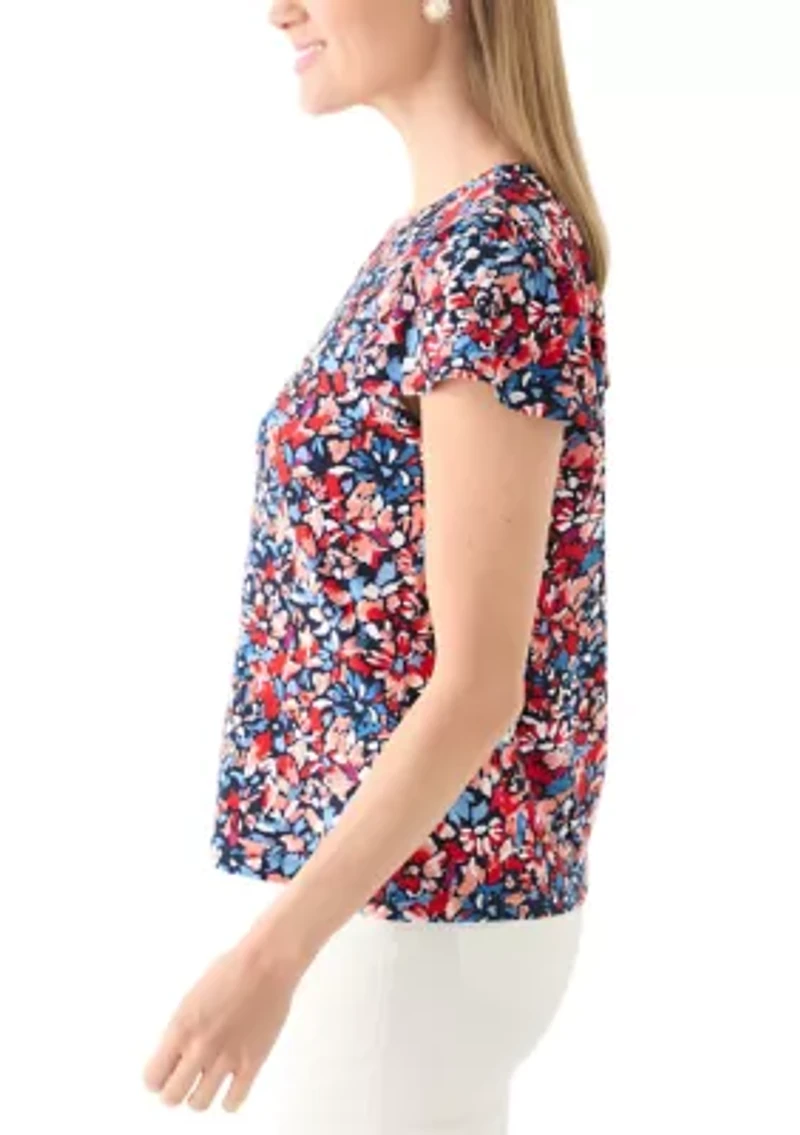 Petite Printed Flutter Sleeve Double Trim Top