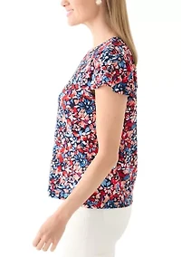 Petite Printed Flutter Sleeve Double Trim Top