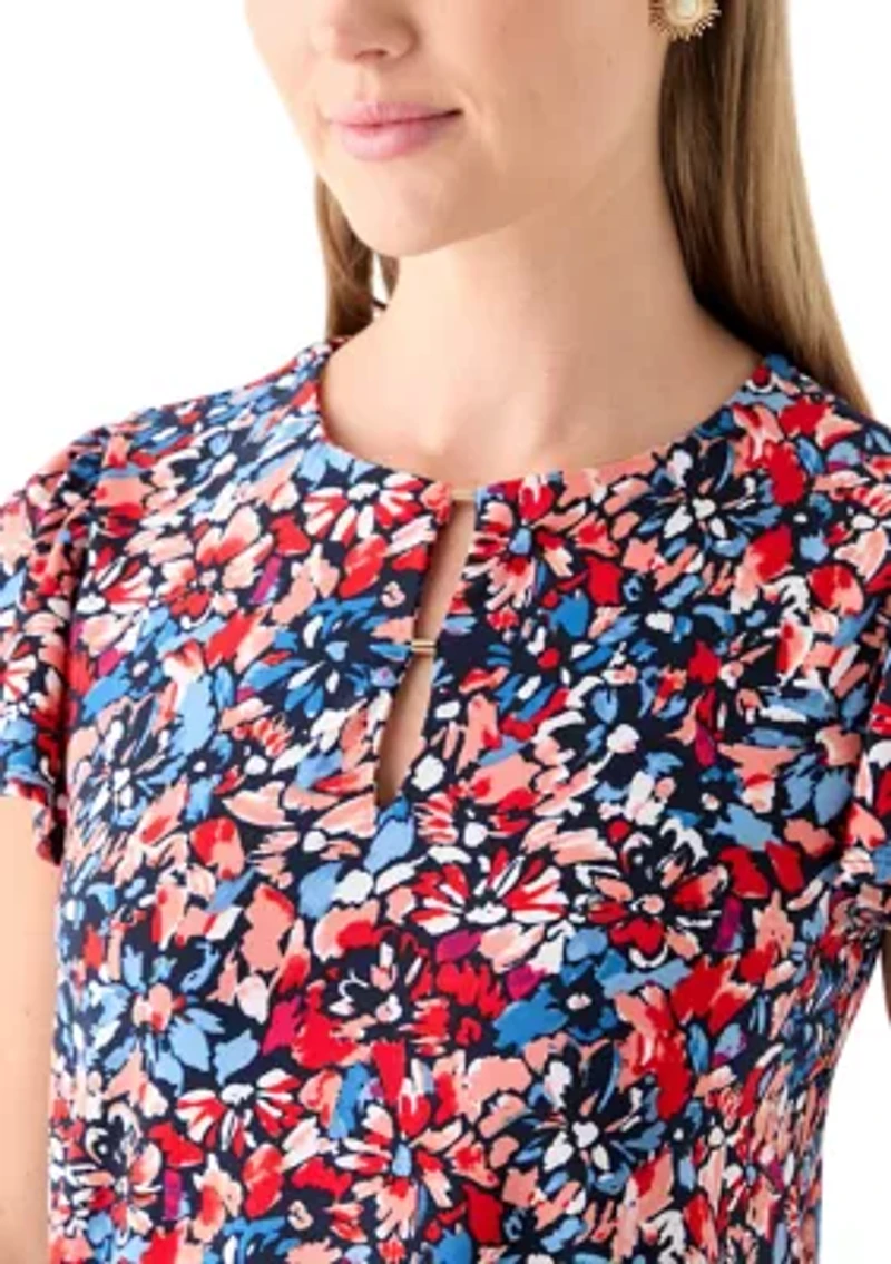 Petite Printed Flutter Sleeve Double Trim Top
