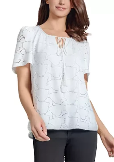 Petite Palm Knit Eyelet Short Sleeve Tassel Top