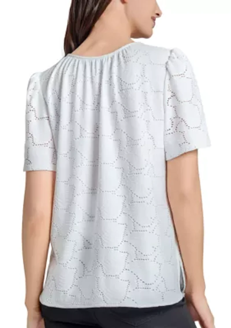 Petite Palm Knit Eyelet Short Sleeve Tassel Top