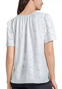 Petite Palm Knit Eyelet Short Sleeve Tassel Top