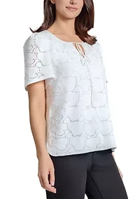 Petite Palm Knit Eyelet Short Sleeve Tassel Top