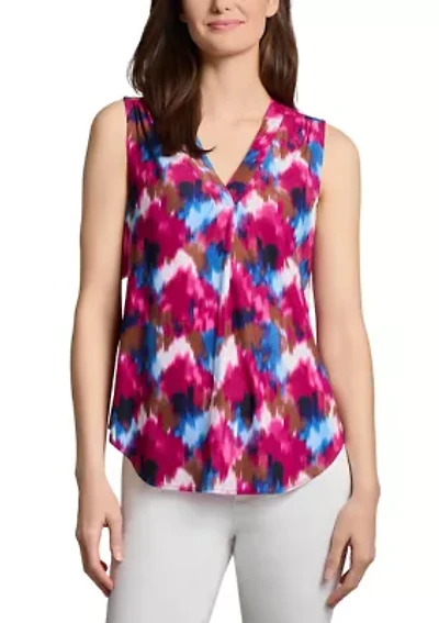 Petite Printed Sleeveless Pleated Front Top
