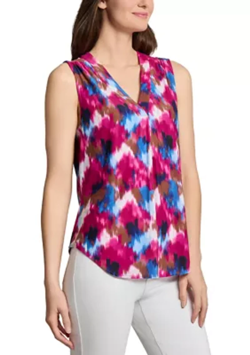 Petite Printed Sleeveless Pleated Front Top
