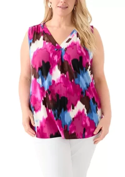 Plus Printed Sleeveless V-Neck Pleat Front Blouse