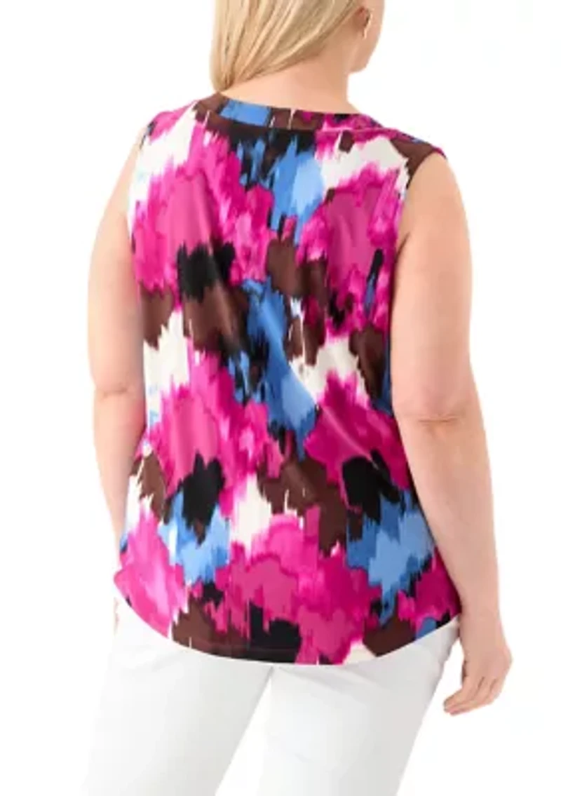 Plus Printed Sleeveless V-Neck Pleat Front Blouse