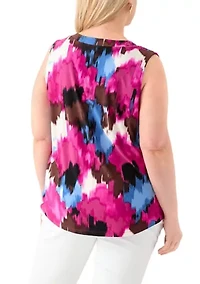 Plus Printed Sleeveless V-Neck Pleat Front Blouse