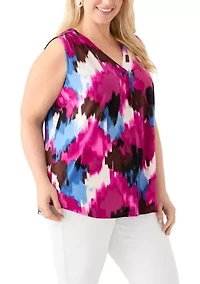 Plus Printed Sleeveless V-Neck Pleat Front Blouse