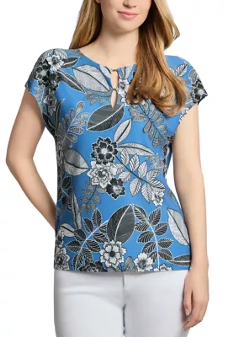 Petite Printed Extended Shoulder Double Trim Top