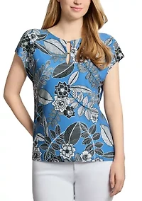 Petite Printed Extended Shoulder Double Trim Top