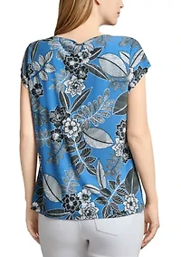 Petite Printed Extended Shoulder Double Trim Top