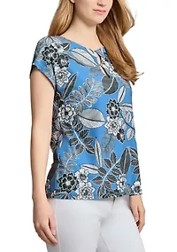 Petite Printed Extended Shoulder Double Trim Top