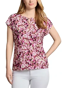 Petite Printed Extended Shoulder Double Trim Top