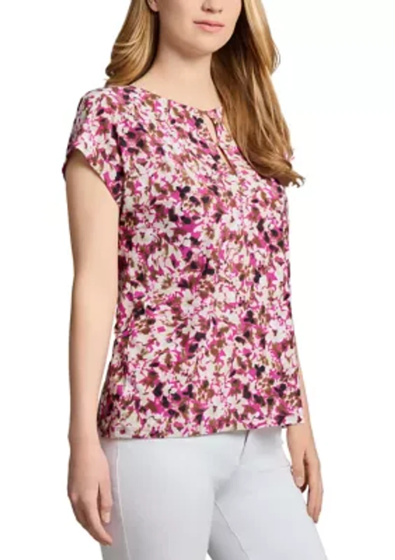 Petite Printed Extended Shoulder Double Trim Top