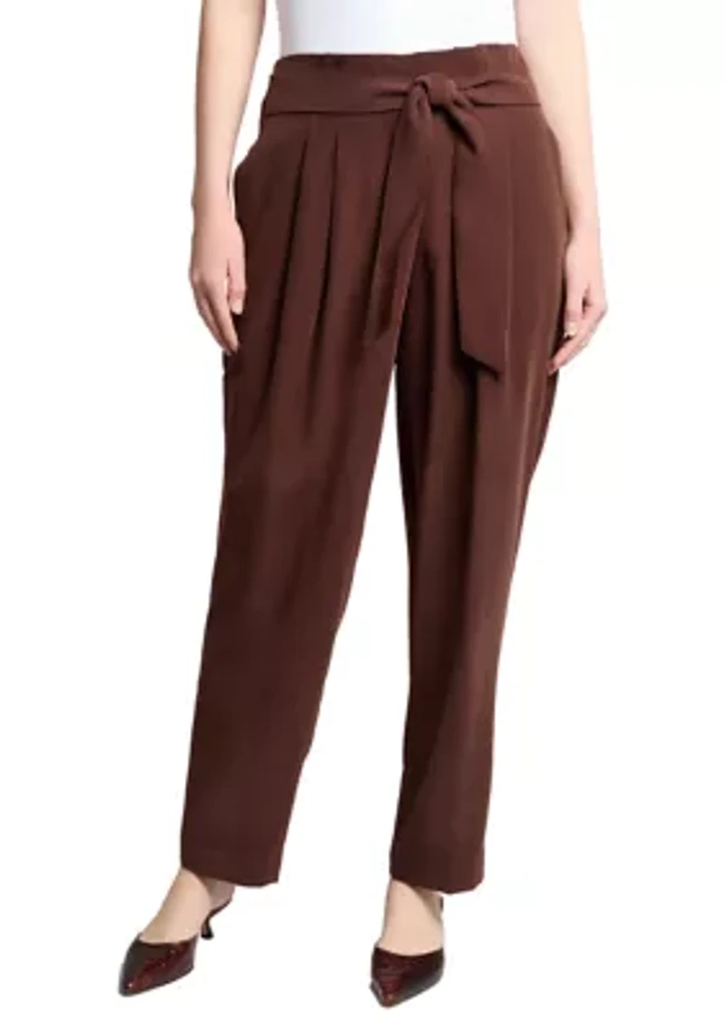Women's Fly Front Belted Paperbag Waist Straight Leg Pants