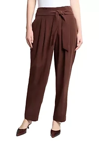 Women's Fly Front Belted Paperbag Waist Straight Leg Pants