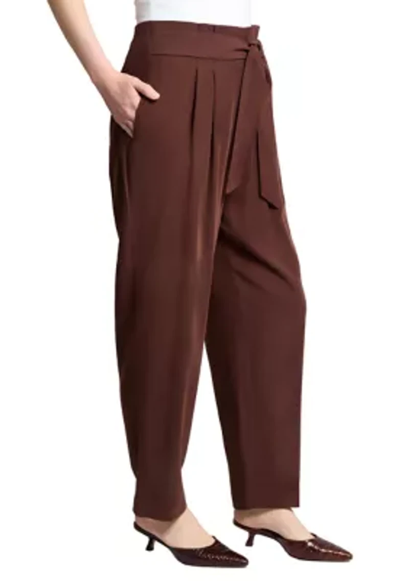 Women's Fly Front Belted Paperbag Waist Straight Leg Pants