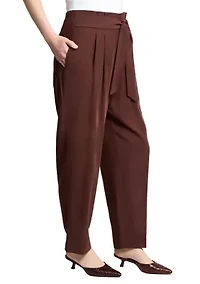 Women's Fly Front Belted Paperbag Waist Straight Leg Pants